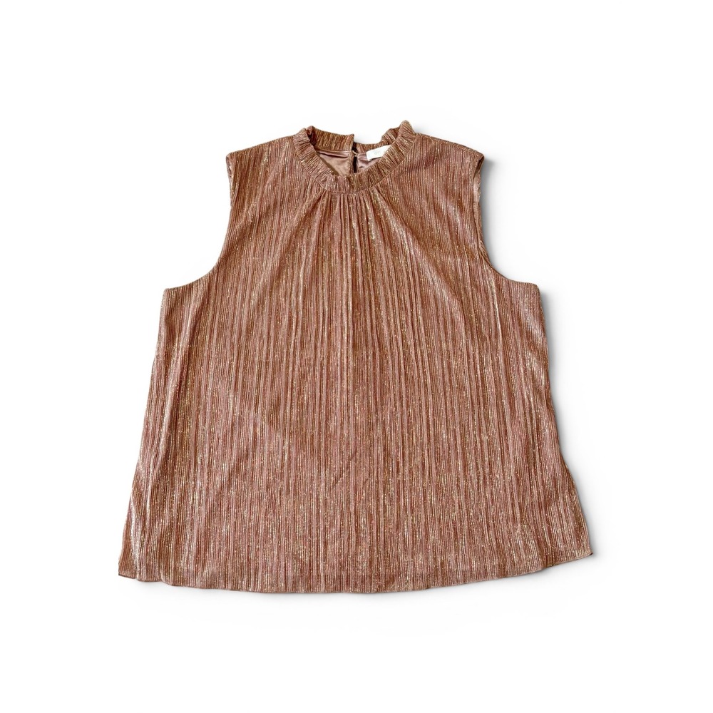 Eri + Ali Anthropologie Rose Gold Metallic Plisse Ruffle Neck Top XL Sleeveless